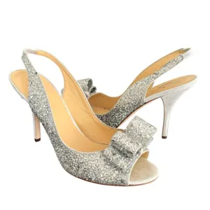 Kate Spade Charm Glitter Silver Metallic Bow Detail Slingback Sandals Italy Made