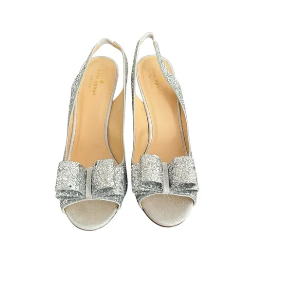 Kate Spade Charm Glitter Silver Metallic Bow Detail Slingback Sandals Italy Made