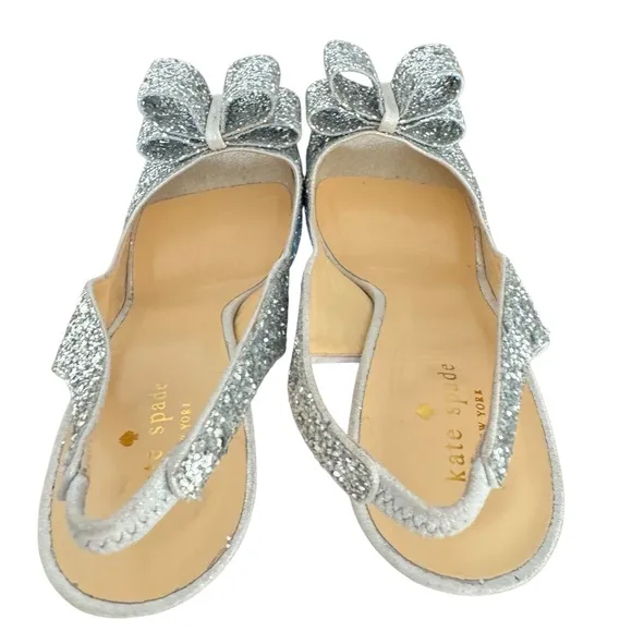Kate Spade Charm Glitter Silver Metallic Bow Detail Slingback Sandals Italy Made