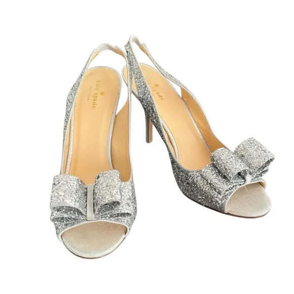 Kate Spade Charm Glitter Silver Metallic Bow Detail Slingback Sandals Italy Made
