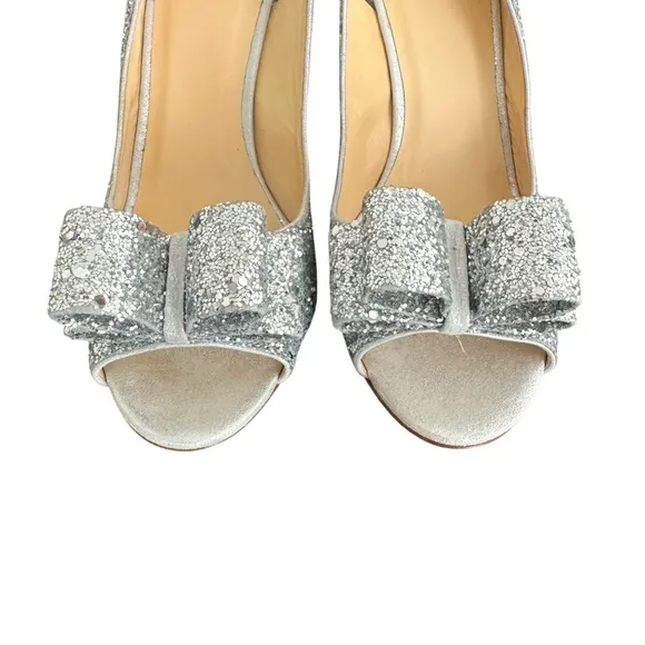 Kate Spade Charm Glitter Silver Metallic Bow Detail Slingback Sandals Italy Made