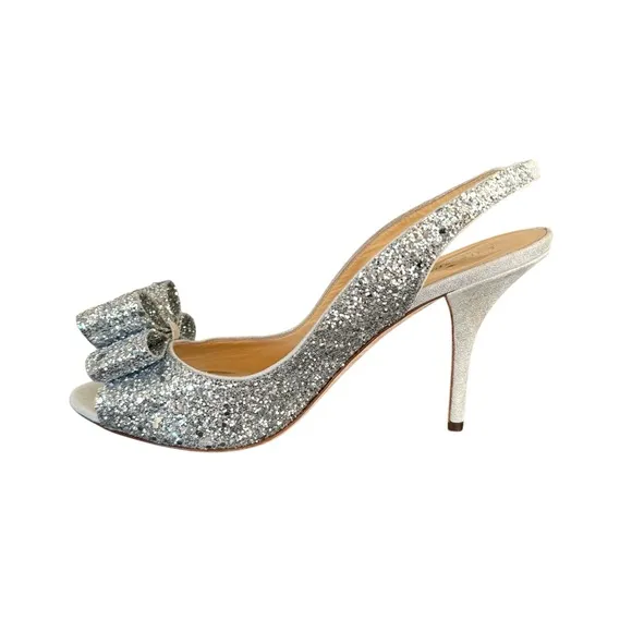 Kate Spade Charm Glitter Silver Metallic Bow Detail Slingback Sandals Italy Made