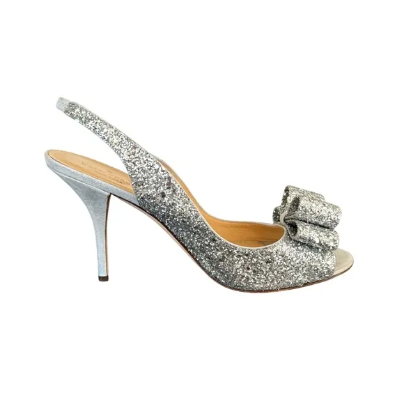 Kate Spade Charm Glitter Silver Metallic Bow Detail Slingback Sandals Italy Made