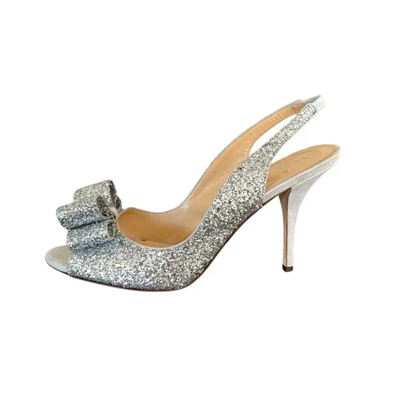 Kate Spade Charm Glitter Silver Metallic Bow Detail Slingback Sandals Italy Made