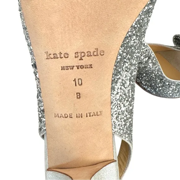 Kate Spade Charm Glitter Silver Metallic Bow Detail Slingback Sandals Italy Made