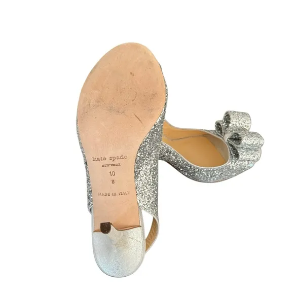 Kate Spade Charm Glitter Silver Metallic Bow Detail Slingback Sandals Italy Made