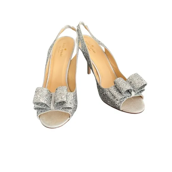 Kate Spade Charm Glitter Silver Metallic Bow Detail Slingback Sandals Italy Made