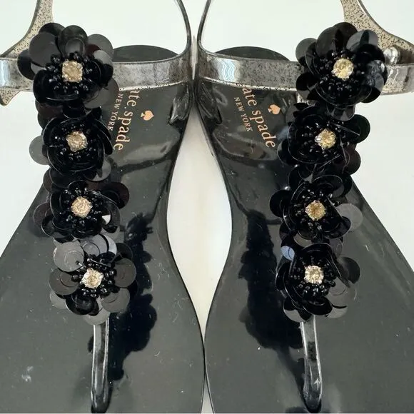 Kate Spade Farrah Black Glitter Jelly Sandals Rhinestones Floral Sz 6 Rubber