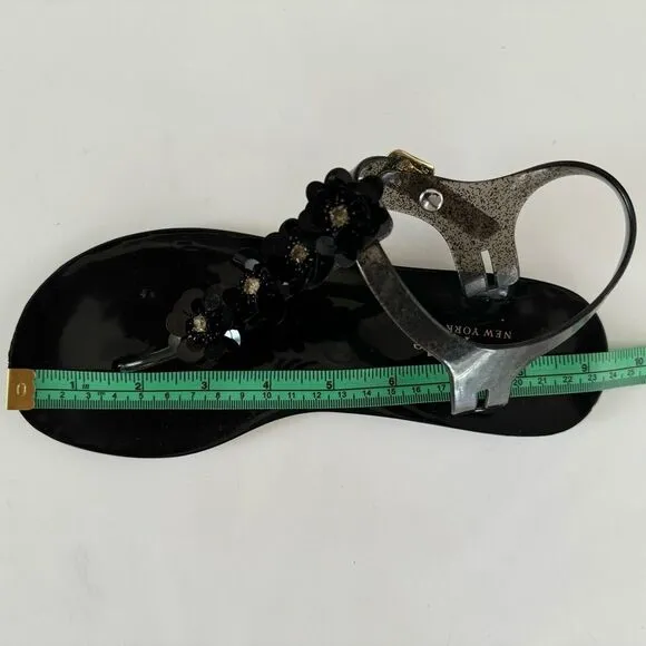 Kate Spade Farrah Black Glitter Jelly Sandals Rhinestones Floral Sz 6 Rubber