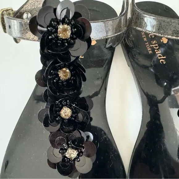 Kate Spade Farrah Black Glitter Jelly Sandals Rhinestones Floral Sz 6 Rubber
