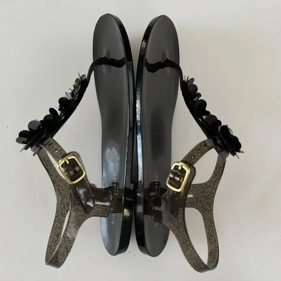 Kate Spade Farrah Black Glitter Jelly Sandals Rhinestones Floral Sz 6 Rubber