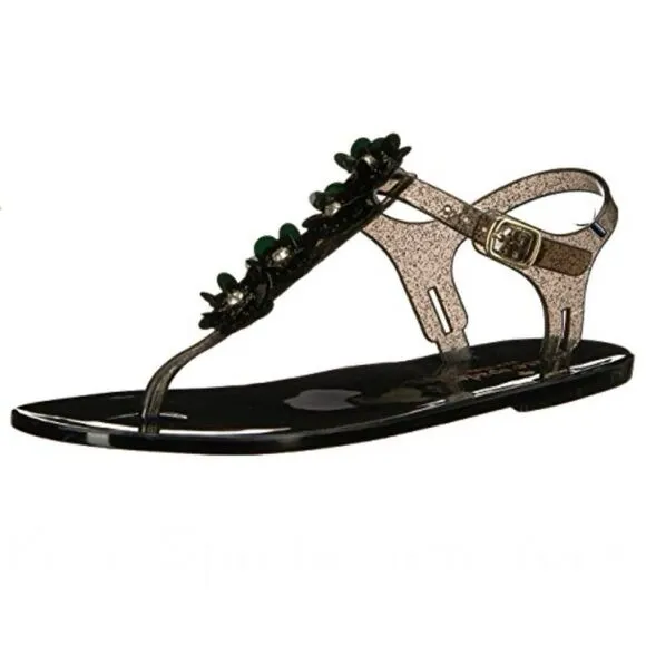 Kate Spade Farrah Black Glitter Jelly Sandals Rhinestones Floral Sz 6 Rubber