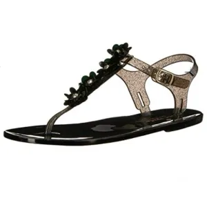 Kate Spade Farrah Black Glitter Jelly Sandals Rhinestones Floral Sz 6 Rubber