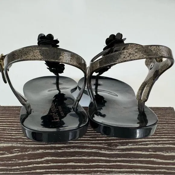 Kate Spade Farrah Black Glitter Jelly Sandals Rhinestones Floral Sz 6 Rubber
