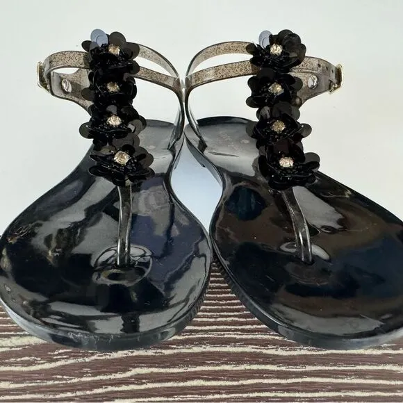 Kate Spade Farrah Black Glitter Jelly Sandals Rhinestones Floral Sz 6 Rubber