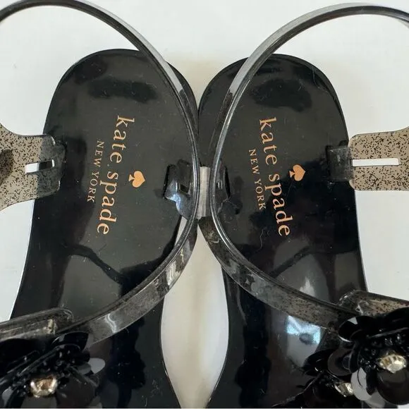 Kate Spade Farrah Black Glitter Jelly Sandals Rhinestones Floral Sz 6 Rubber