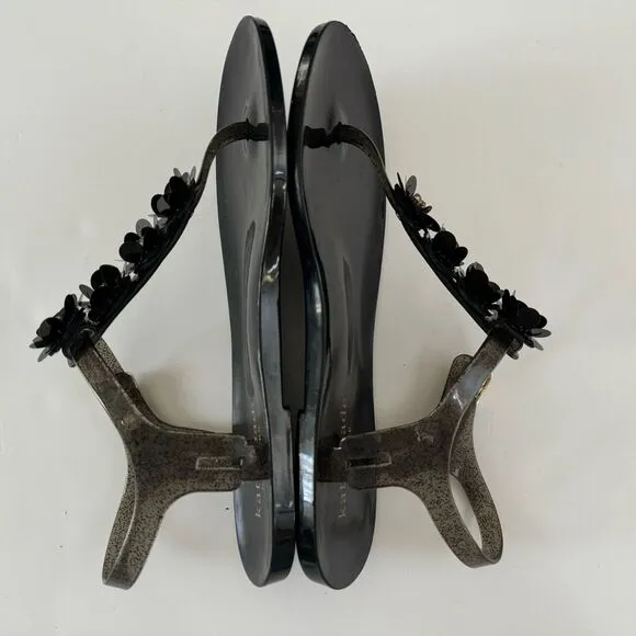 Kate Spade Farrah Black Glitter Jelly Sandals Rhinestones Floral Sz 6 Rubber