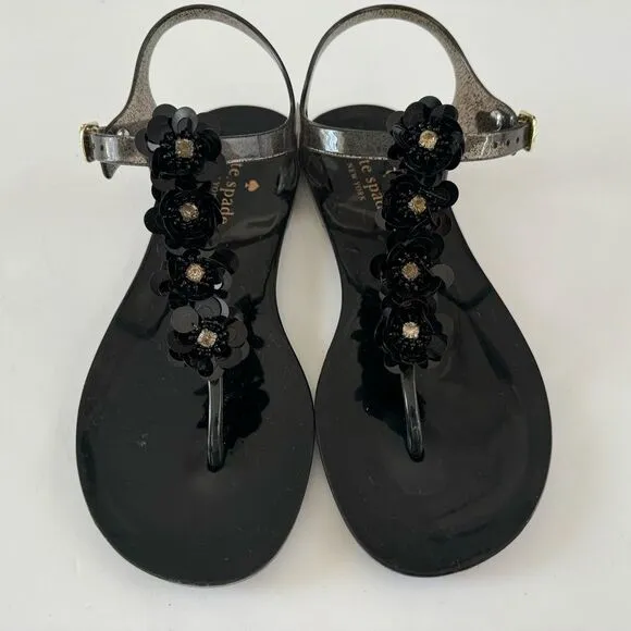 Kate Spade Farrah Black Glitter Jelly Sandals Rhinestones Floral Sz 6 Rubber
