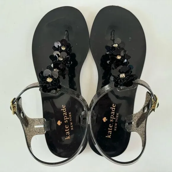 Kate Spade Farrah Black Glitter Jelly Sandals Rhinestones Floral Sz 6 Rubber