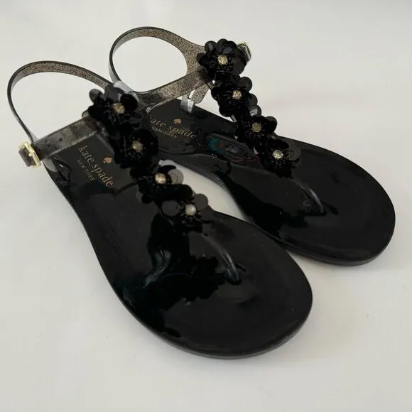 Kate Spade Farrah Black Glitter Jelly Sandals Rhinestones Floral Sz 6 Rubber