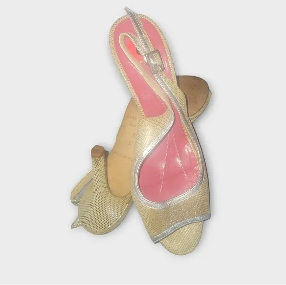 Kate Spade New York Gold Glittery Silver Trim Sling Back Peep Toes Heels 6B
