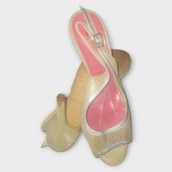 Kate Spade New York Gold Glittery Silver Trim Sling Back Peep Toes Heels 6B