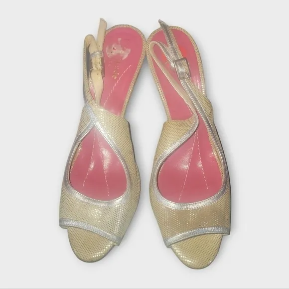 Kate Spade New York Gold Glittery Silver Trim Sling Back Peep Toes Heels 6B