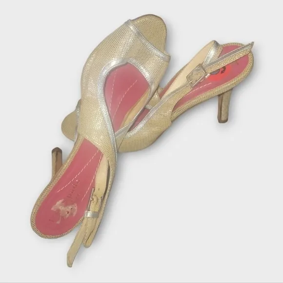 Kate Spade New York Gold Glittery Silver Trim Sling Back Peep Toes Heels 6B