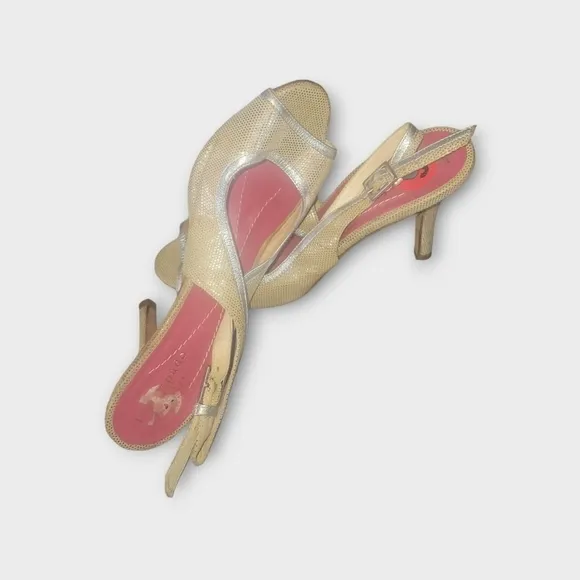 Kate Spade New York Gold Glittery Silver Trim Sling Back Peep Toes Heels 6B
