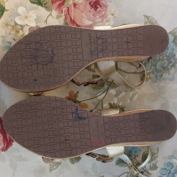 Kate Spade NY Gold and Cream Floral Strap Wedge Sandals size 8
