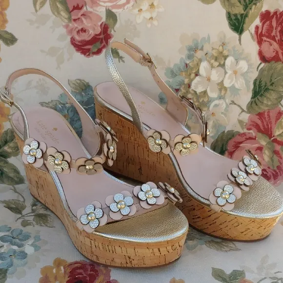 Kate Spade NY Gold and Cream Floral Strap Wedge Sandals size 8