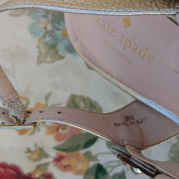 Kate Spade NY Gold and Cream Floral Strap Wedge Sandals size 8