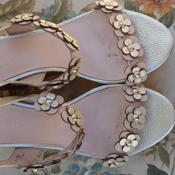 Kate Spade NY Gold and Cream Floral Strap Wedge Sandals size 8