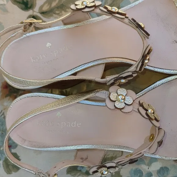 Kate Spade NY Gold and Cream Floral Strap Wedge Sandals size 8