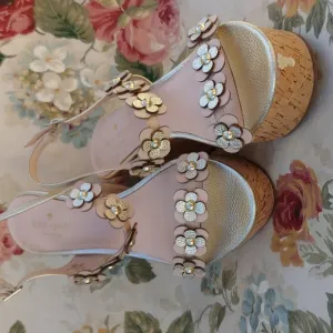Kate Spade NY Gold and Cream Floral Strap Wedge Sandals size 8