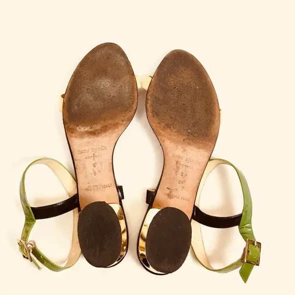 Kate Spade Patent Leather Gold Heel Yellow/Green Ankle Strap Sandals Size 8B