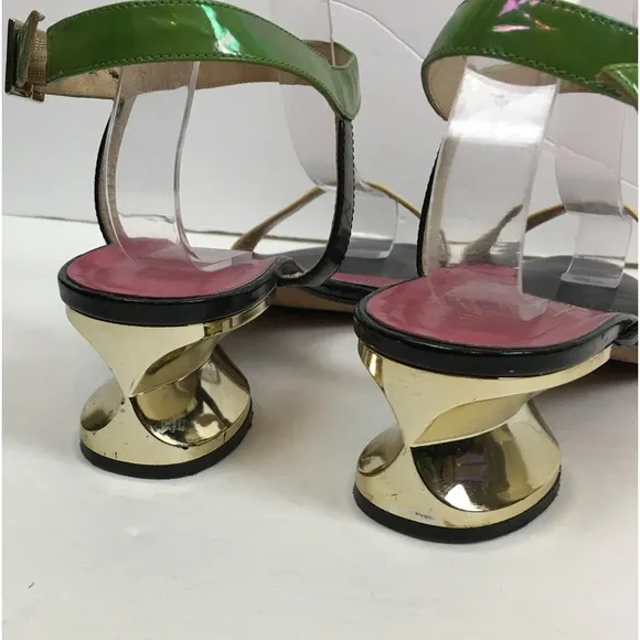 Kate Spade Patent Leather Gold Heel Yellow/Green Ankle Strap Sandals Size 8B