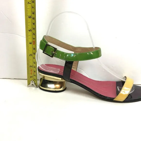 Kate Spade Patent Leather Gold Heel Yellow/Green Ankle Strap Sandals Size 8B