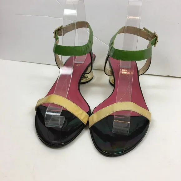 Kate Spade Patent Leather Gold Heel Yellow/Green Ankle Strap Sandals Size 8B
