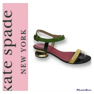 Kate Spade Patent Leather Gold Heel Yellow/Green Ankle Strap Sandals Size 8B