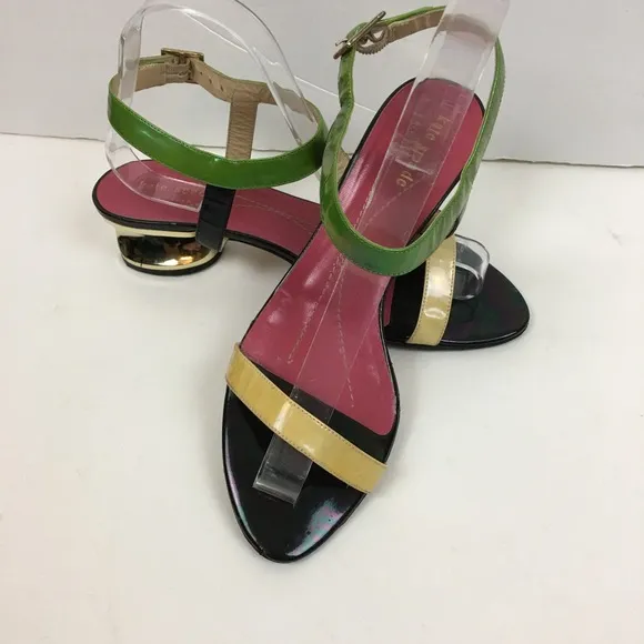 Kate Spade Patent Leather Gold Heel Yellow/Green Ankle Strap Sandals Size 8B