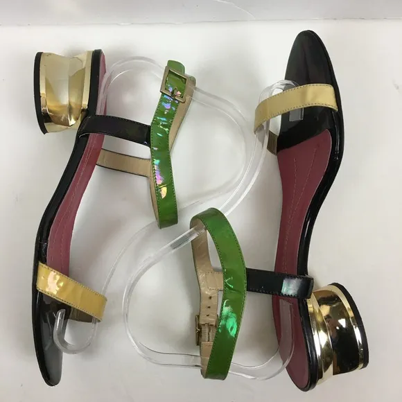 Kate Spade Patent Leather Gold Heel Yellow/Green Ankle Strap Sandals Size 8B