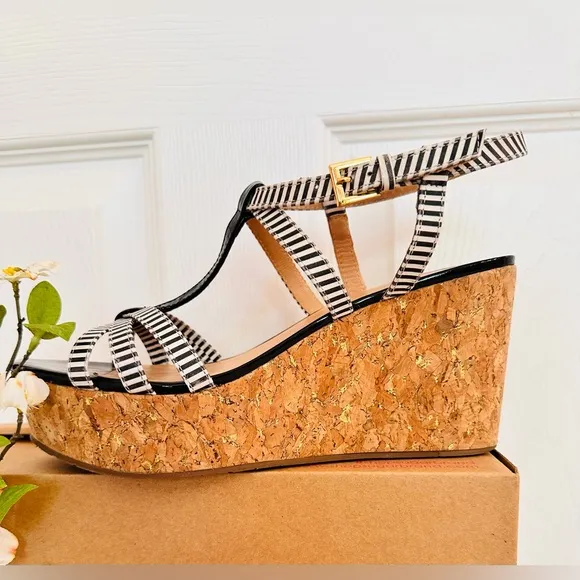 KATE SPADE ~ Striped Black/Off White Wedge Sandals w/Adjustable Straps size 8.5