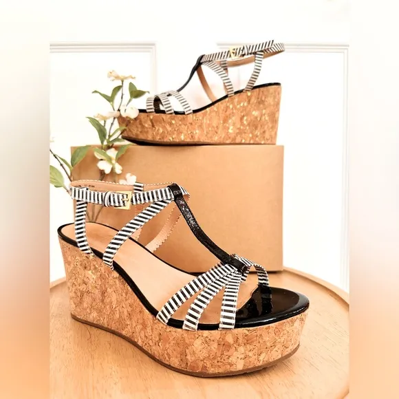 KATE SPADE ~ Striped Black/Off White Wedge Sandals w/Adjustable Straps size 8.5