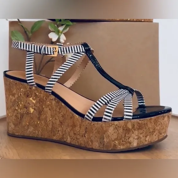 KATE SPADE ~ Striped Black/Off White Wedge Sandals w/Adjustable Straps size 8.5