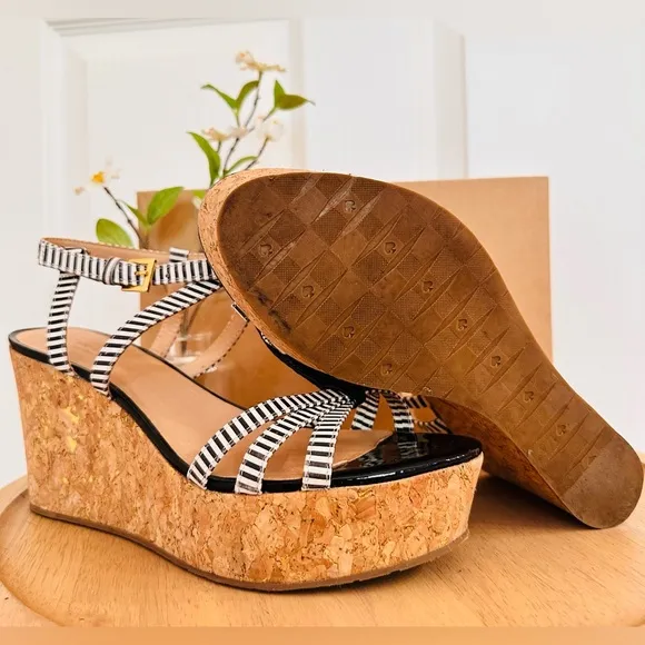 KATE SPADE ~ Striped Black/Off White Wedge Sandals w/Adjustable Straps size 8.5