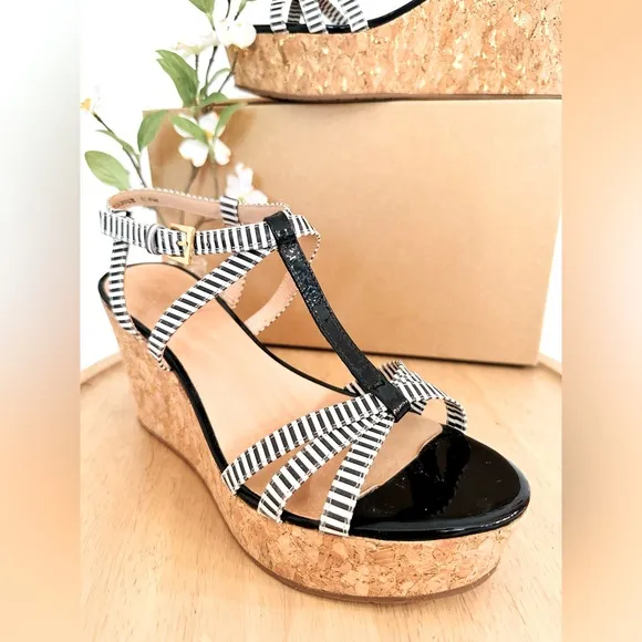KATE SPADE ~ Striped Black/Off White Wedge Sandals w/Adjustable Straps size 8.5