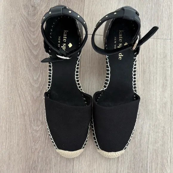 Kate Spade Womens Espadrille Wedge Palma Sandals Size 6 Black Canvas Tan Jute