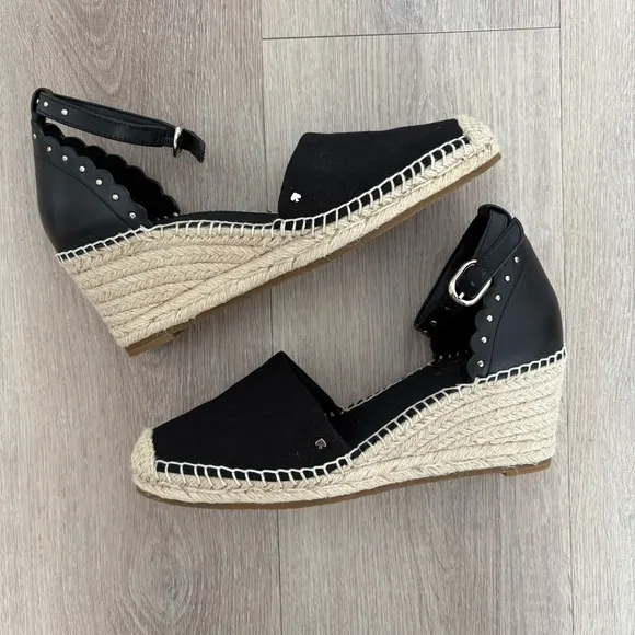 Kate Spade Womens Espadrille Wedge Palma Sandals Size 6 Black Canvas Tan Jute