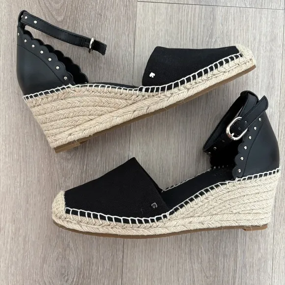 Kate Spade Womens Espadrille Wedge Palma Sandals Size 6 Black Canvas Tan Jute